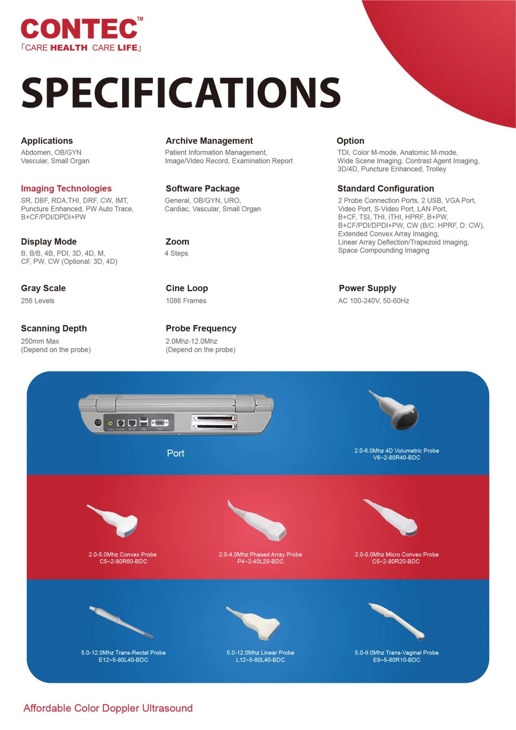 Contec Hospital Equipment Color Doppler Ultrasound Diagnostic System